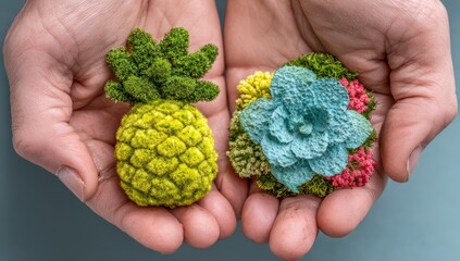 Two miniature plants held in hands