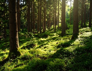 Sunlight filtering through a dense forest.
