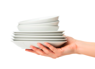 Two hands passing a stack of white plates isolated on transparent background