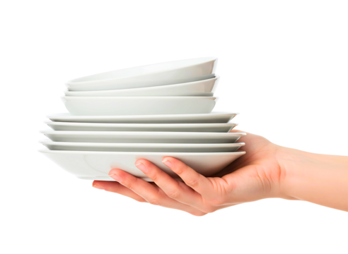 Two hands passing a stack of white plates isolated on transparent background