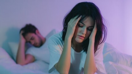 Young asian woman sitting on bed edge, experiencing sleeplessness while partner rests, migraine menopause revealing nighttime and anxiety relationship strain