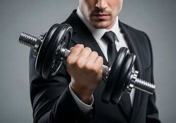 Businessman flexing bicep with dumbbell showing strength and determination in professional life