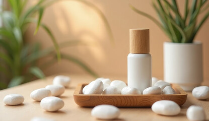 Bamboo Capped Serum Bottle in Wooden Tray with White Pebbles