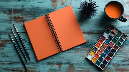 Overhead view of art supplies including a notebook paintbrushes a watercolor palette and a cup of coffee