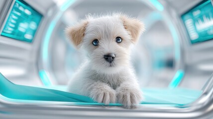 Small dog lying in futuristic veterinary examination table with holographic its showing interface health status