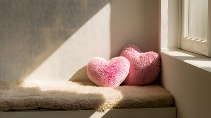 Two pink heart-shaped pillows in a window seat.