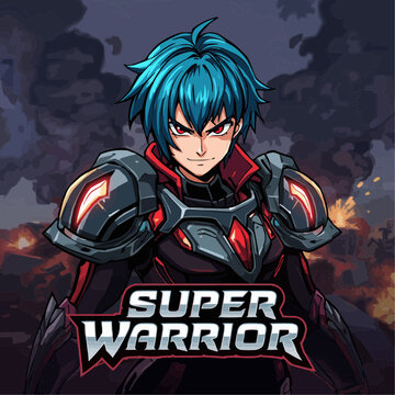  Super Warrior Anime Logo with Vibrant Blue-Haired Fighter and Futuristic Battle Scene