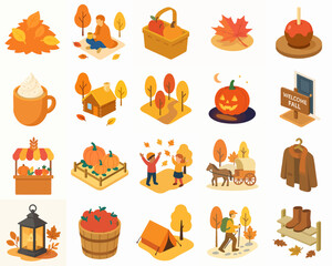 Flat Isometric Fall Activity and Decoration Illustration Set