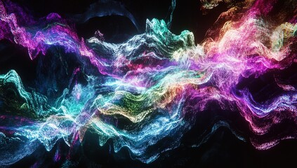 A dark background with colorful glowing waves of light, creating an abstract and futuristic pattern. The design is made up of swirling lines that appear to be digital or organic in nature