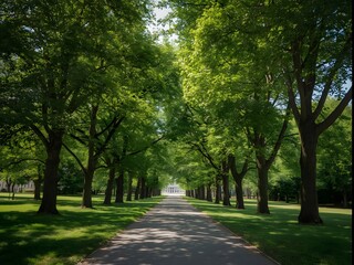 Beautiful tree-lined pathway in a lush green park on a sunny day, creating a peaceful natural tunnel perfect for walking, relaxing, and enjoying serene outdoor moments
