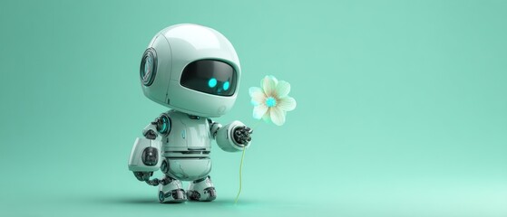 Cute robot offering a flower, symbolizing technology and nature's beauty