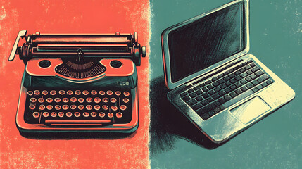 Vintage typewriter meets modern laptop symbolizing evolution of communication and technology. Old vs New