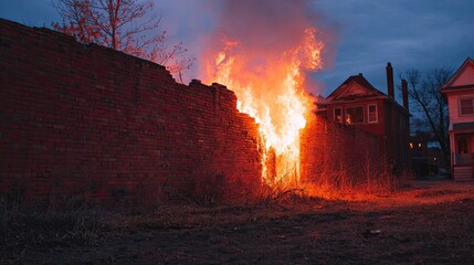 Fiery destruction of a brick wall at night