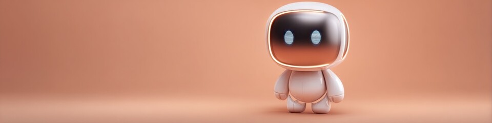 Futuristic robot with glowing eyes stands ready on a vibrant peach background