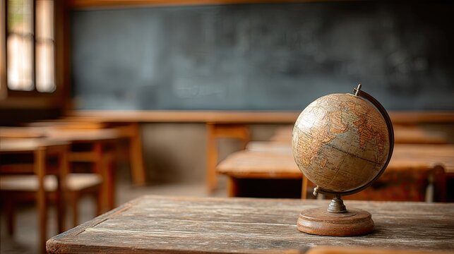 Antique globe on a weathered classroom desk