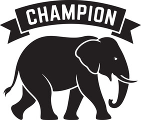 Elephant silhouette walking with champion ribbon banner wearing crown black color vector on white background