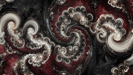 A dark fantasy digital art depicting an aerial view of crimson and silver swirling marble patterns, with dramatic lighting and highlights, creating intricate textures that appear almost liquid-like