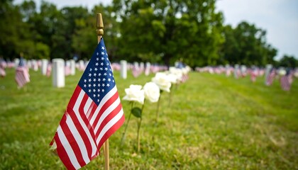 Memorial day flags and flowers in field