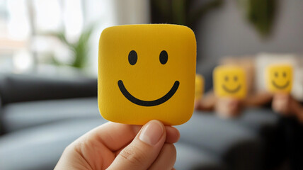 A cheerful hand holding a yellow smiley face against a cozy backdrop, symbolizing happiness and positivity in daily life.