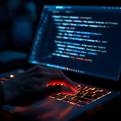 Generative AI in action. A hand types on a glowing laptop keyboard, and the screen displays a code that autonomously generates new content, ideas, or business strategies. Focus on the seamless fusion 