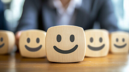 A close-up shot of wooden blocks with smiley faces, symbolizing positive feedback, teamwork, and a happy work environment in a corporate setting.