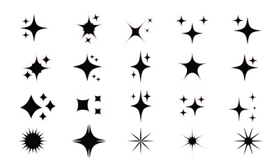 High-quality black star shapes and sparkle vector icons set. Perfect for decorative designs, digital art, branding, stickers, and festive graphics. Editable and scalable for logos, invitations, web.