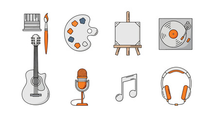 Colorful Artistic Icons Representing Music, Painting, and Creativity, Suitable for Educational Materials and Creative Project Design