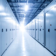 Brightly lit hallway of numerous metallic cabinets