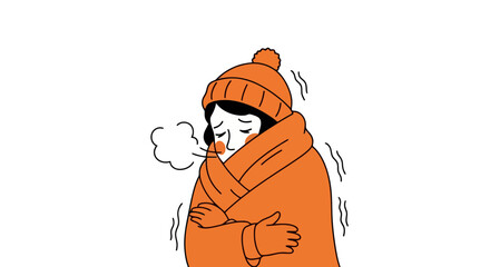 Cold and Flu Season Illustration Depicting a Sick Person Wrapped in a Blanket and Wearing a Hat, Suitable for Health Awareness Campaigns