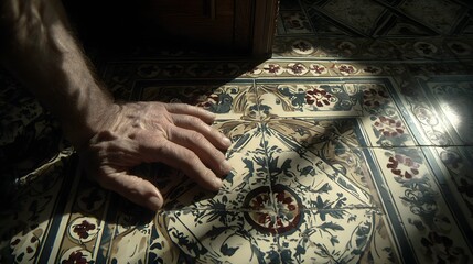 A hand rests on a patterned floor.
