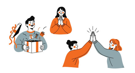 Vector Illustration of People Expressing Joy and Gratitude Ideal for Holiday Greetings, Celebrations, and Positive Emotion Visualizations.