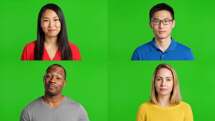 Diverse Group Video Call Green Screen - Four individuals of diverse ethnic backgrounds are shown in a grid layout against a green screen background. - Powered by Adobe