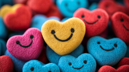 A colorful assortment of heart-shaped plush toys featuring smiley faces. The vibrant colors create a joyful atmosphere, perfect for expressing love and happiness.