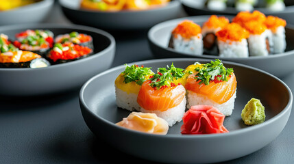Fresh and Colorful Sushi Platter with Salmon, Wasabi, and Ginger Arranged on Modern Plates in Elegant Dining Setting