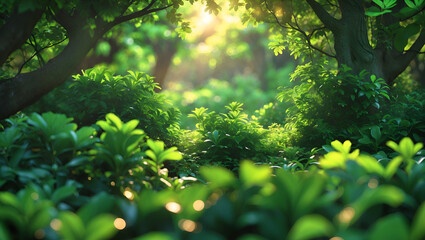 Fototapeta premium 8K Ultra HD Lush Green Forest Landscape with Sunlight Rays – High Quality Nature Wallpaper Stunning 8K ultra-high-definition landscape capturing the beauty of a lush green forest bathed in warm 