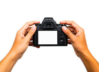Hands holding a digital camera showing blank screen isolated on transparent background