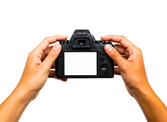 Hands holding a digital camera showing blank screen isolated on transparent background
