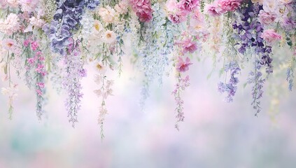A delicate floral backdrop with pastel flowers in shades of pink, purple, and blue hanging from top to bottom. The background is softly blurred and has a dreamy feel to it.