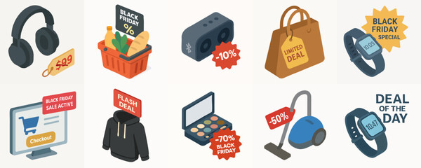 Isometric Detailed Black Friday Retail Items and Product Promotion Illustration