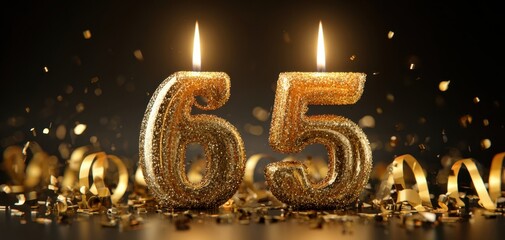 The sparkling golden candles representing a 65th birthday celebration.