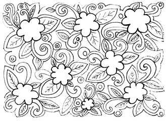 Pattern of flowers, leaves, curls and circles. Line drawing in doodle style. Black on a white background. All elements of different sizes and shapes. Empty spaces in the places of flowers.
