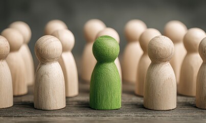 A single green wooden figurine stands out among a crowd of beige ones