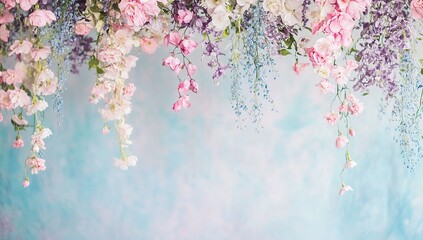Obraz premium A delicate pastel floral background with hanging flowers in shades of pink, purple, and blue, creating an enchanting atmosphere for wedding photography backdrops.
