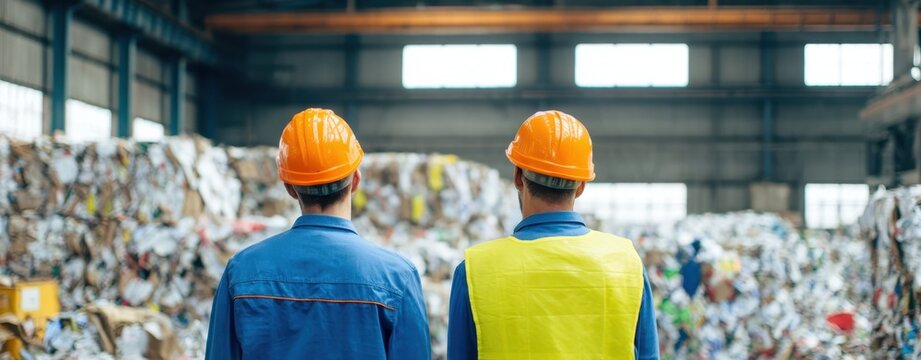 The workers observing the recycling process in a large industrial facility.