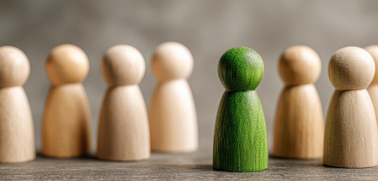 A single green wooden figurine stands out among a group of beige wooden figurines