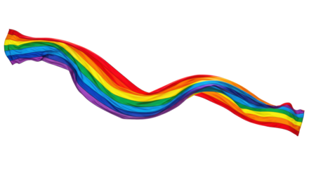 Vibrant rainbow fabric sash gracefully flowing, forming sweeping lines against a transparent studio background, ample copy space provided, concept of business transformation and diversity