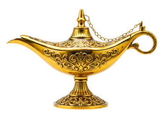 Ornate golden aladdin genie lamp isolated on transparent background