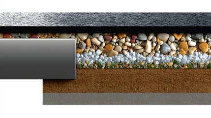 Cross-section of a paved surface with various layers of materials.