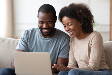 Obraz premium Couple enjoying a joyful moment while using a laptop in a cozy living room