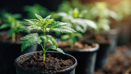 Young cannabis plants in small pots